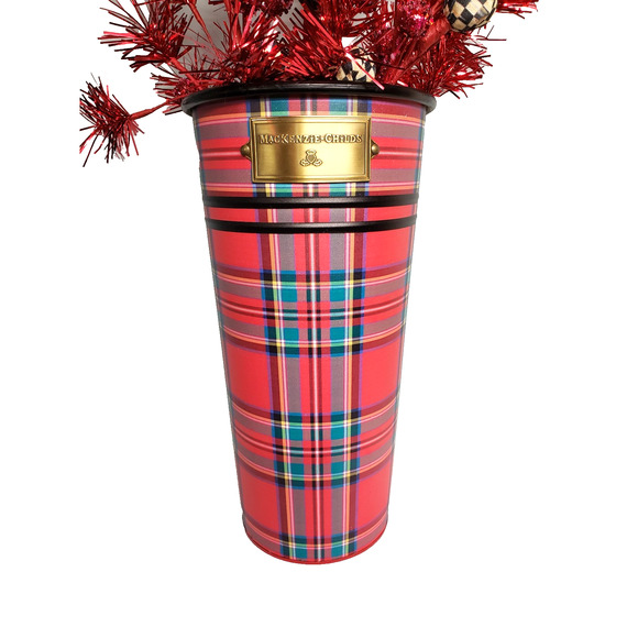 Mackenzie Childs Red Tartan Metal Bucket Wall Vase Holidays Plaid NIB Retired - Picture 5 of 8